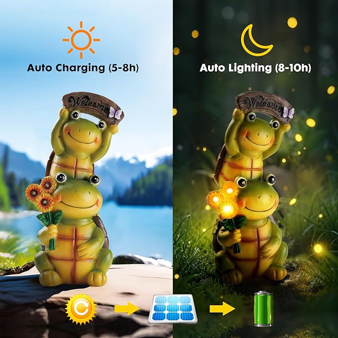 Garden Turtle Outdoor Statues, Solar Garden Statue Two Sweet Frog Face Turtles Decor with 3 LED Lights, Unique Art Resin Gifts for Patio Lawn Porch Yard-Ruum Studio Home