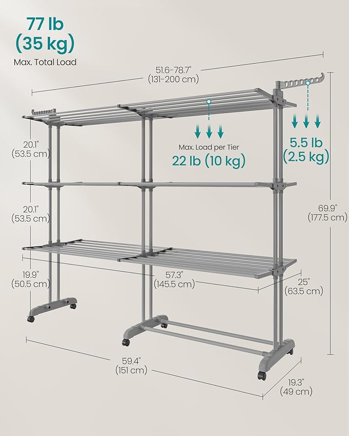 SONGMICS Clothes Drying Rack 4-Tier, Foldable Laundry Drying Rack 69.9-Inch Tall, Extendable Rods, Stainless Steel, Rolling Clothes Horses, Clothes Airer, Indoor Outdoor Use, Dove Gray ULLR704G01-Ruum Studio Home