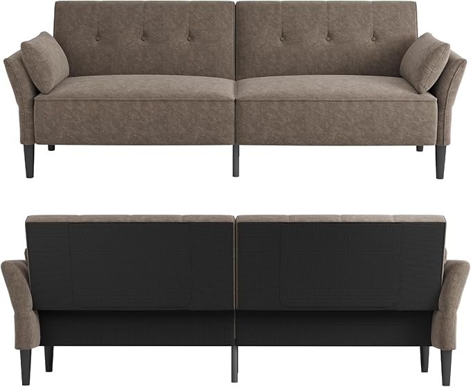 89” Futon Sofa Bed, Comfy Futon Couch Bed with 2 Square Pillows, Convertible Sleeper Sofa with Adjustable Backrest& Armrests, Modern Loveseat Sleeper for Living Room, Bedroom, Light Brown-Ruum Studio Home