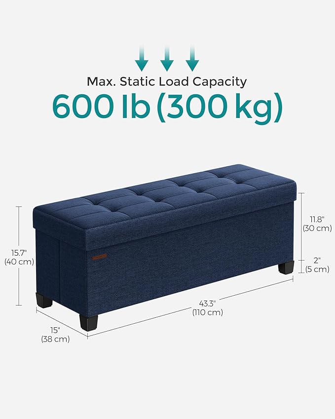 SONGMICS Storage Ottoman Bench, Foldable Foot Rest with Legs, 15 x 43 x 15.7 Inches, End of Bed Bench, Storage Chest, Load up to 660 lb, for Living Room, Bedroom, Entryway, Midnight Blue ULSF018I01-Ruum Studio Home