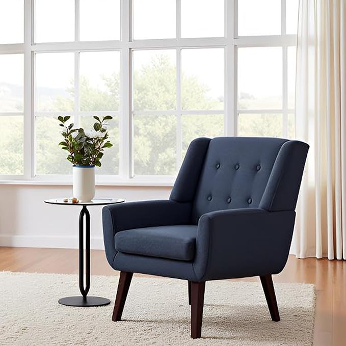 HUIMO Accent Chair Living Room Chair, Upholstered Button Tufted Armchair, Linen Fabric Sofa Chairs for Bedroom, Living Room, Mid Century Modern Comfy Reading Chair (Dark Blue)-Ruum Studio Home
