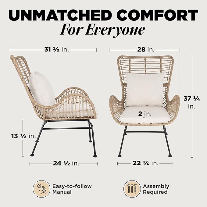 IDZO Isabelle Upgraded 2000 Hours UV Wicker Chairs Outdoor Set of 2, 500 lbs Capacity Outdoor Patio Chair, All-Weather Club Chair with Water-Resistant Olefin Cushions, Boho Style, Beige-Ruum Studio Home