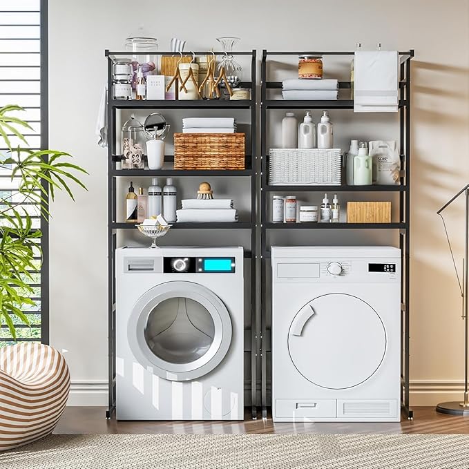Dryer Storage Shel andf Over The Washer - Adjustable 4-Tier Heavy Duty Laundry Room Organizer, All Carbon Steel Standing Shelf with Hanging Rod, Anti-Tip Design, Super Stable 29.93" L x 11" D x 73" H-Ruum Studio Home