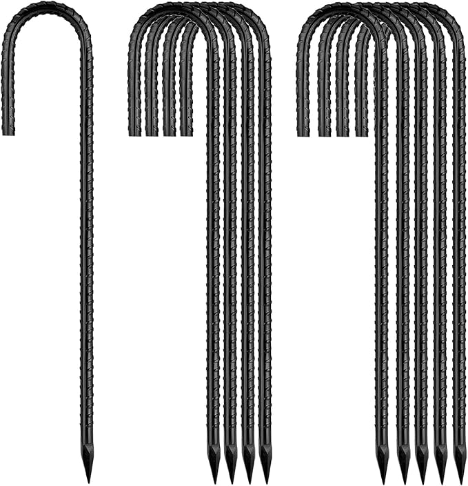 Ground-Stakes-Heavy-Duty-12 inch, J-Hook Rebar Stakes Black Coated Anti-Rust 10pcs Garden Stakes Metal Ground Anchors for Garden Dog Fence Chicken Coop Christmas Decorations Deer Fence-Ruum Studio Home