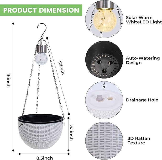 Hanging Pots for Plants Outdoor - 2 Pack White Artificial Rattan Solar Flower Baskets with Drainage Holes & Removable Tray, Garden Gifts for Women/Mothers, Porch, Balcony Decor-Ruum Studio Home