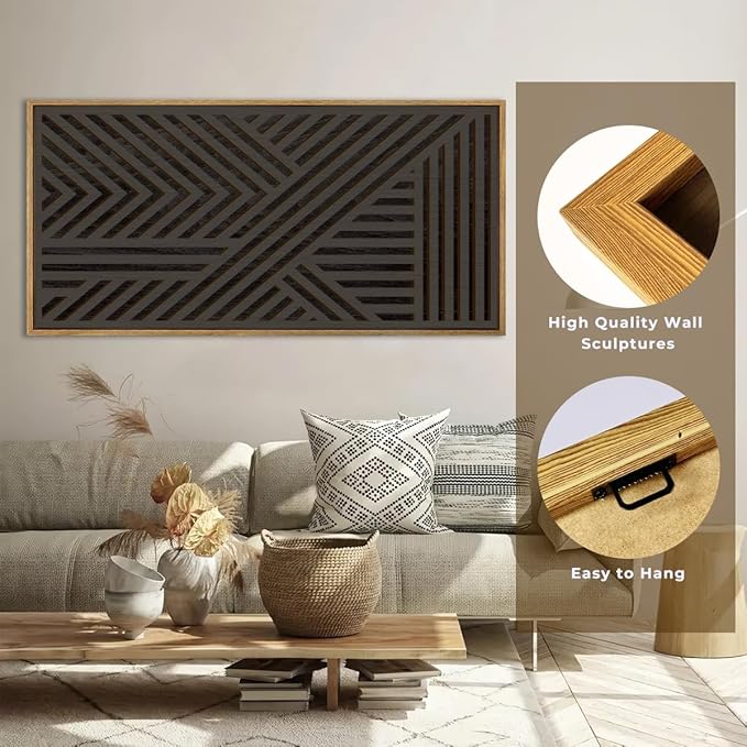 IARTTOP Large Black Framed Wood Wall Art for Living Room Abstract Modern Wooden Wall Decor Neutral Geometric Wall Sculpture Bedroom Office 20x40 Inch-Ruum Studio Home