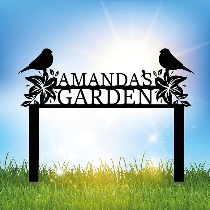 Personalized Metal Garden Name Sign with Flowers and Birds, Custom Yard Sign with Stake-Ruum Studio Home