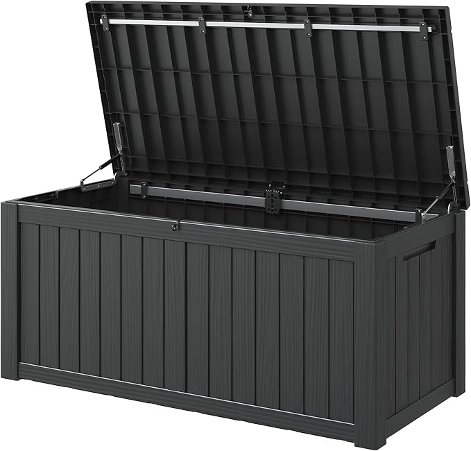 KAMABOKO Outdoor Storage Box, 120 Gallon Large Outdoor Resin Deck Box, Storage Waterproof Boxes Lockable Lid for Garden Tools, Pool Supplies, Patio Furniture and Cushions, Black-Ruum Studio Home