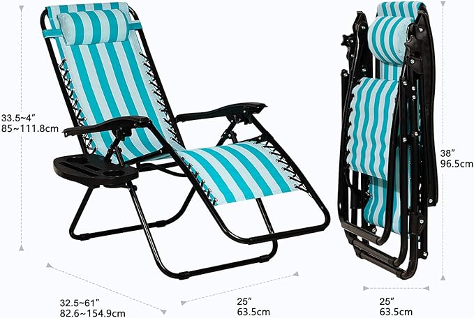 Nazhura Set of 2 Relaxing Recliners Patio Chairs Adjustable Steel Mesh Zero Gravity Lounge Chair Beach Chairs with Pillow and Cup Holder (Light Blue Stripe)-Ruum Studio Home