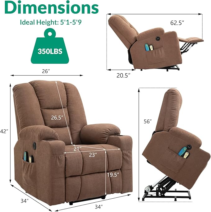 VIVIJASON Power Lift Chair Electric Recliner for Elderly Heated Vibration Massage Fabric Recliner Chair with 2 Remote Controls, Cup Holders, Side Pockets & USB Ports for Living Room (Coffee)-Ruum Studio Home