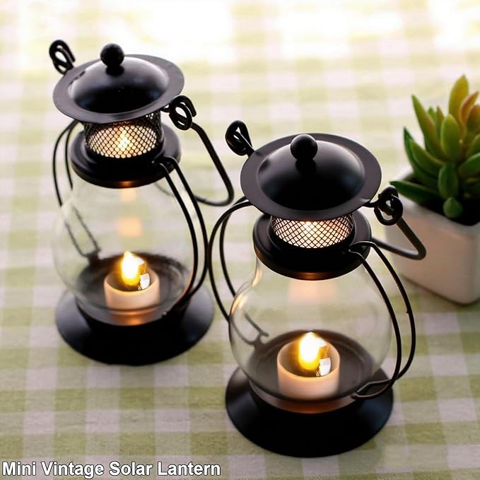 Solar Hanging Lanterns Outdoor Waterproof, Vintage Mini Metal Lantern with Flickering Solar Powered Tea Lights, Perfect Chargeable Solar Lights for Backyard Patio Garden Fence Tree Decoration-4Pack-Ruum Studio Home