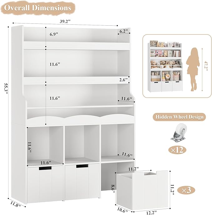 HITHOS 55.3" H Kids Bookshelf with Toy Storage Organizer, Tall Book Shelf with 3 Movable Toy Storage Bins, Large Kids Bookcase with Toy Chest, 39.2" W Modern Toy Box for Kid Room, Playroom, White-Ruum Studio Home