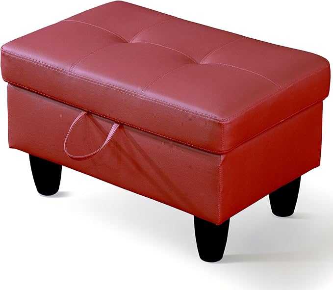 Ottoman Rectangular Storage Ottoman Bench, Faux Leather Footrest, Coffee Table, Stool Footstool with Hinged Lid for Living Room, Bedroom, Entryway, Red, 28.5"x19"x17.5"-Ruum Studio Home