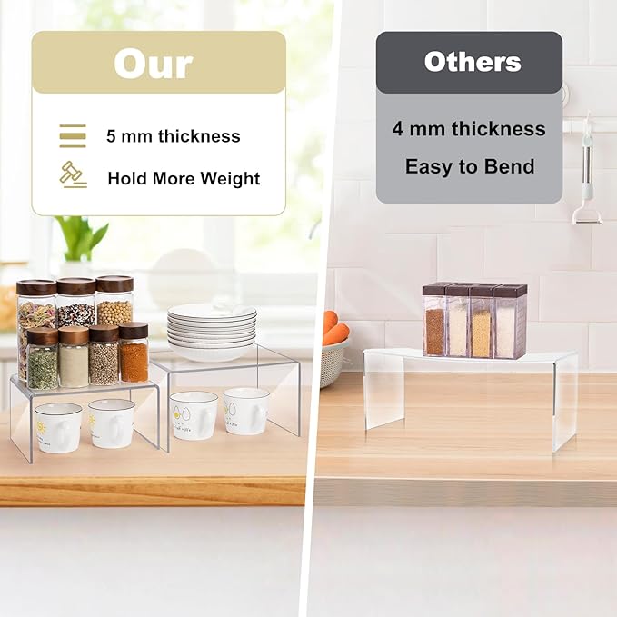 Acrylic Clear Kitchen Rack for Dishes, Spices Jars and Mugs, Kitchen Counter Cabinet Organizer, Clear Spice Rack Shelves, 5mm Thick, 2 Pack-Ruum Studio Home