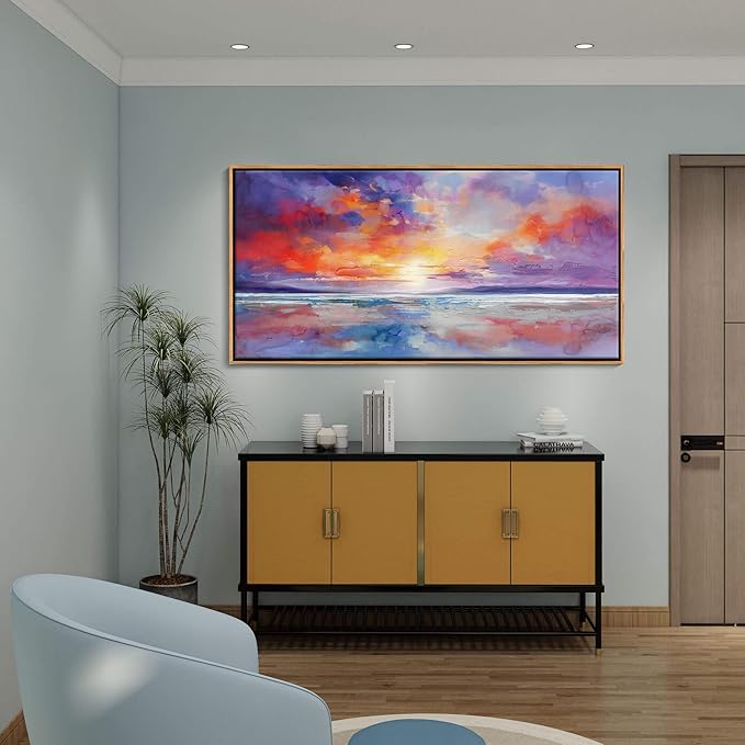 DUNHUANG ART Vibrant Orange Sunset Wall Art - Colorful Ocean Abstract Beach Decor for Living Room & Bathroom - Large Framed Coastal Seascape Picture - Ocean Sunrise Poster for Home Decoration 20"x40"-Ruum Studio Home