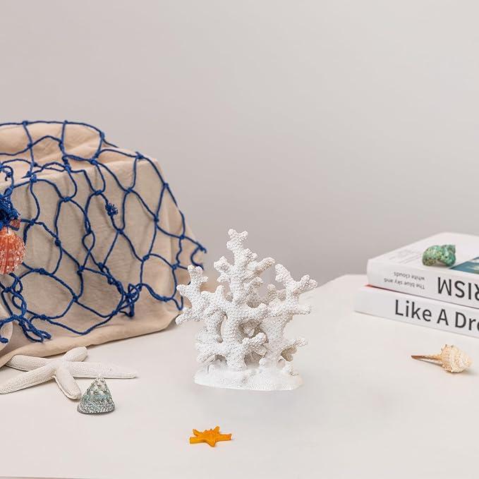 7.1" H White Coral Decor, Resin Statue, Nautical Decorations for Home, Bedroom, Bathroom, Living Room, Beach/Coastal/Ocean Themed Cabinet Shelf Tabletop Decor-Ruum Studio Home