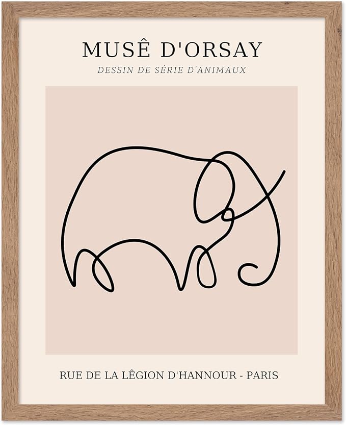 Poster Master Vintage Poster - Retro One Line Elephant Drawing Print - Elephant Art - Minimal Gift for Men, Women, Animal Lover - Abstract Wall Decor for Home, Office, 8x10 Beige Framed-Ruum Studio Home