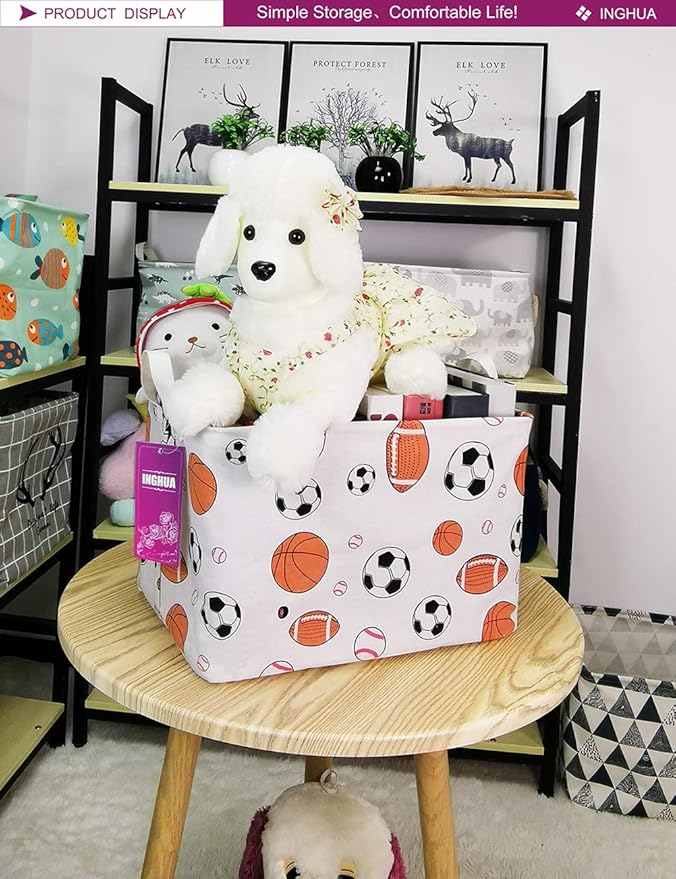 Rectangular Storage Basket Fabric Organizer Bin for Toys,Books,Clothes,Gifts,Pets-Perfect for Home,Office,Nursery,Dorm,Shelf(Rec ball game)-Ruum Studio Home