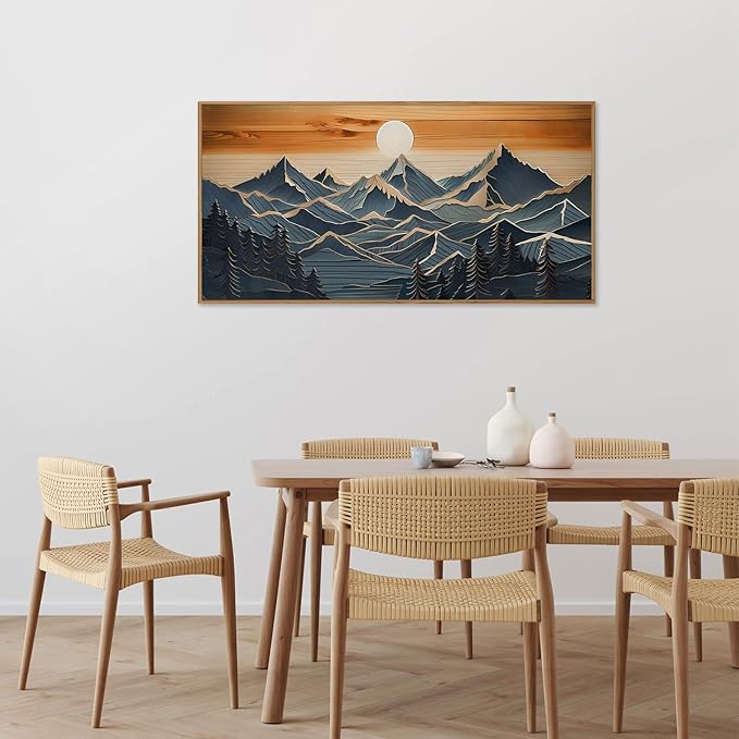 Tinonedraw Metal Mountain Framed Canvas Wall Art, Boho Mountains Forest Artworks, Mid Century Modern Blue Ridge Wall Decor, Vintage Nature Sunset Art Print for Living Room Bedroom Office 20"x40"-Ruum Studio Home