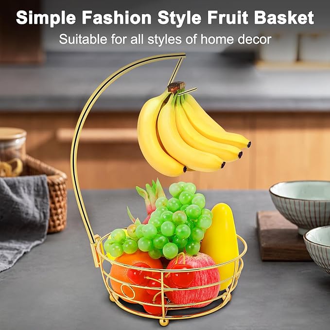 Livabber Countertop Fruit Basket Bowl with Banana Hanger, Modern Standing Fruit Vegetable Bowl Storage, with Banana Tree Holder for Kitchen Dinning Table (Round Metal, Gold)-Ruum Studio Home