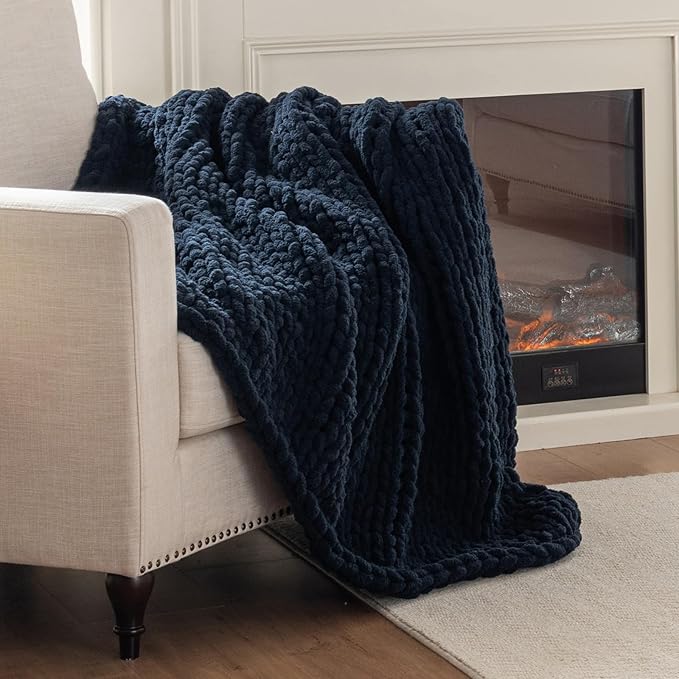 Chunky Knit Blanket Throw, 100% Hand Knit Throw Blanket Handmade Chenille Cable Knit Throw for Couch, Stylish Cozy Soft Rope Knot Crochet Blanket for Home Decor, Navy Blue, 50x60 Inches-Ruum Studio Home