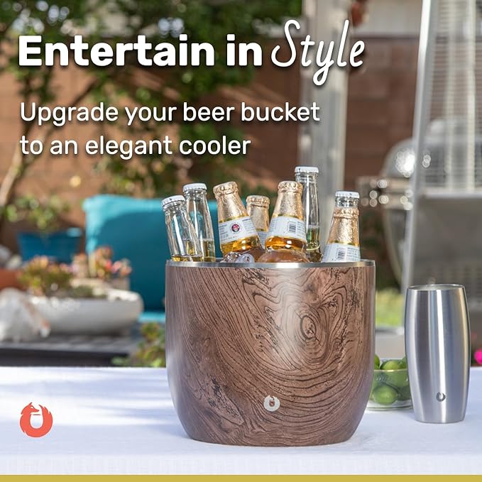 SNOWFOX XL Premium Vacuum Insulated Double Wall Stainless Steel Ice Bucket with Lid/Scoop, Bar Accessories, Large Elegant Party Bucket, Chill Several Bottles, Beautiful Entertaining, 7L, Natural Teak-Ruum Studio Home