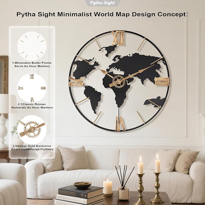 24 Inch Large Wall Clock,Modern Decorative Big World Map with Vintage Gold Roman Numeral Extra Giant Metal Oversized Wall Clocks for Living Room,Office,Kitchen,Dining Room,Bedroom