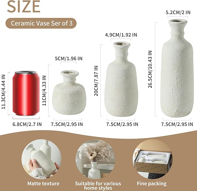 Ceramic Vase Set of 3, Neutral Rustic Vases Home Decor Farmhouse Decorative Vase Whitewashed Pottery Decor Boho Modern for Table Mantel Entryway Bookshelf Living Room Kitchen Bathroom Bedroom - White-Ruum Studio Home