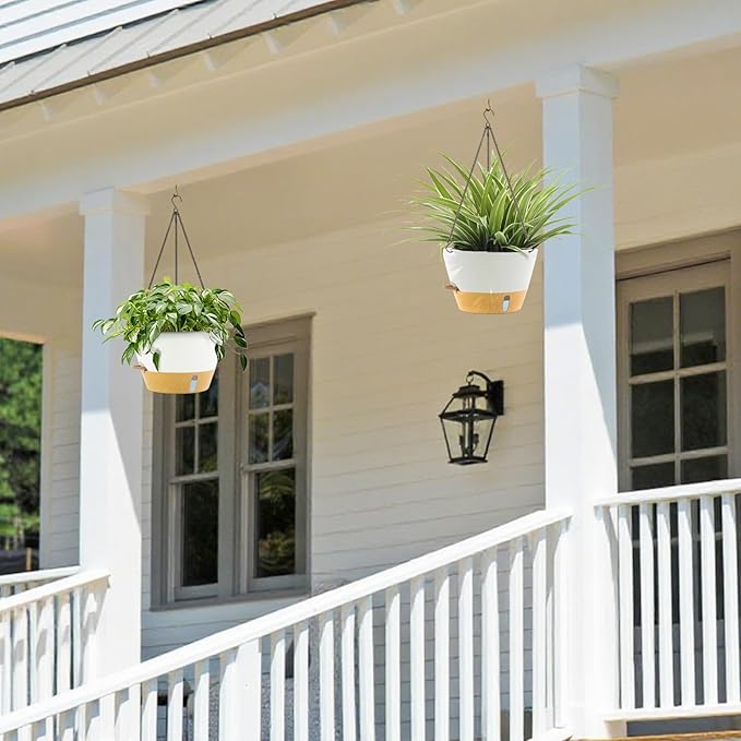 ZMTECH 10 Inch Hanging Planters for Outdoor Plants, Hanging Pots for Plants Indoor with Visible Water Level, Hanging Flower Basket with Drainage Holes & Removable Tray(2 Pack, White)-Ruum Studio Home