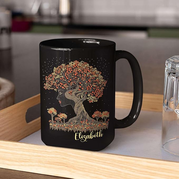Custom Name Coffee Mug 11oz 15oz, Unique Nature Inspired Coffee Cup for Women, Personalized Vibrant Nature Themed Black Cup, Artistic Tree Ceramic Mug, Gifts for Women's Day-Ruum Studio Home