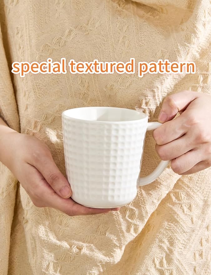 Ceramic Coffee Mugs 15 oz, Large Waffle Embossed Mug Set, Coffee Cups for Latte, Cappuccino, Cocoa, Hot Tea, Mocha, Milk, Housewarming Wedding Present, Microwave & Dishwasher Safe - Set of 6 (White)-Ruum Studio Home