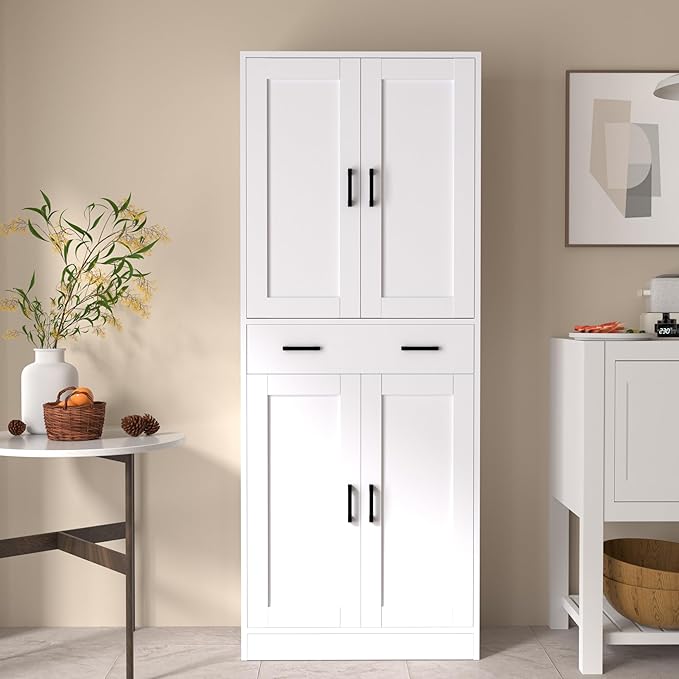 White Kitchen Pantry, 71" Tall Storage Cabinet with Doors and Drawer for Kitchen, Hallway, Office-Ruum Studio Home