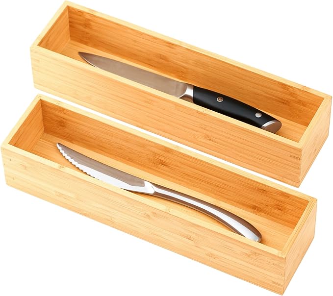 Umilife Bamboo Kitchen Drawer Organizer, Extra High Silverware Tray, Flatware Cutlery Storage Box, Multi-Use Holder in Office, Bathroom, Pantry - 12"x3"x2.5" (Set of 2)-Ruum Studio Home