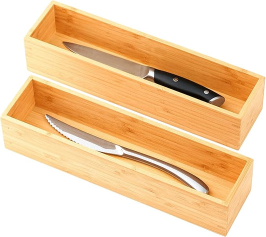 Umilife Bamboo Kitchen Drawer Organizer, Extra High Silverware Tray, Flatware Cutlery Storage Box, Multi-Use Holder in Office, Bathroom, Pantry - 12"x3"x2.5" (Set of 2)-Ruum Studio Home
