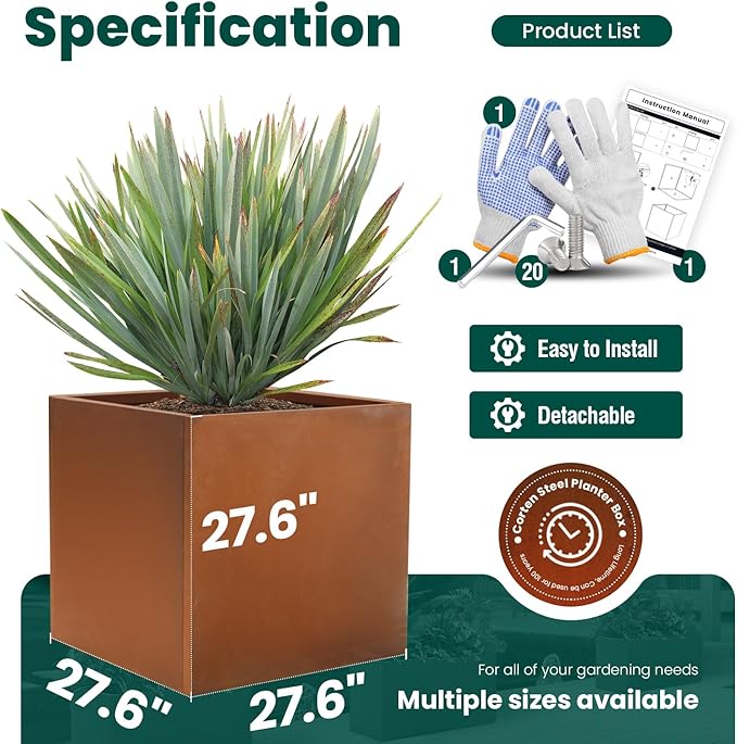 Corten Steel Planter Metal Square Planter Tall Cube Rustic Steel Planters 27.6 Inch Durable Antique Detached for Outdoor Commercial Residential Garden Patio Deck and Backyard-Ruum Studio Home