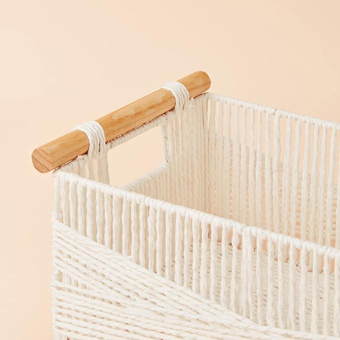 LA JOLIE MUSE Wicker Storage Baskets for Organizing, Recyclable Paper Rope Basket with Wood Handles, Decorative Hand Woven Basket Organizers for Makeup Books Shelves Living Room, White, Set of 2-Ruum Studio Home