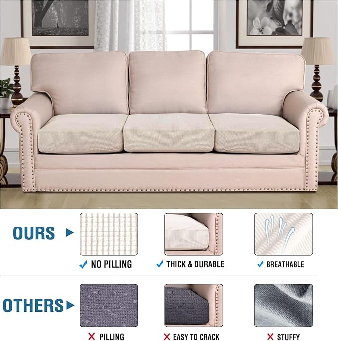 H.VERSAILTEX Super Stretch Individual Seat Cushion Covers - Sofa & Couch Cushion Slipcover Sets - Thick Jacquard Textured Twill Fabric (3 Piece XL, Ivory)-Ruum Studio Home