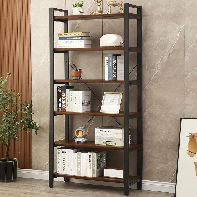 WH-AOERPYMY Natural Real Wood Bookcase,Industrial Bookshelf,6 Tier Solid Wood Open Book Shelf Storage,Metal Shelving Unit,Farmhouse Wide Etagere Bookcase for Office Living Bedroom (6 Tiers)-Ruum Studio Home