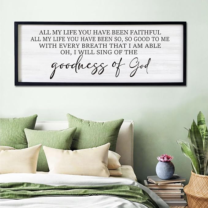 Goodness of God Framed Wall Art, 40''×15'' Positive Religious Black Bible Verse for Christian God Jesus Christ Prayer, Vintage Rustic Long Holy Catholic Scripture Decor-Ruum Studio Home