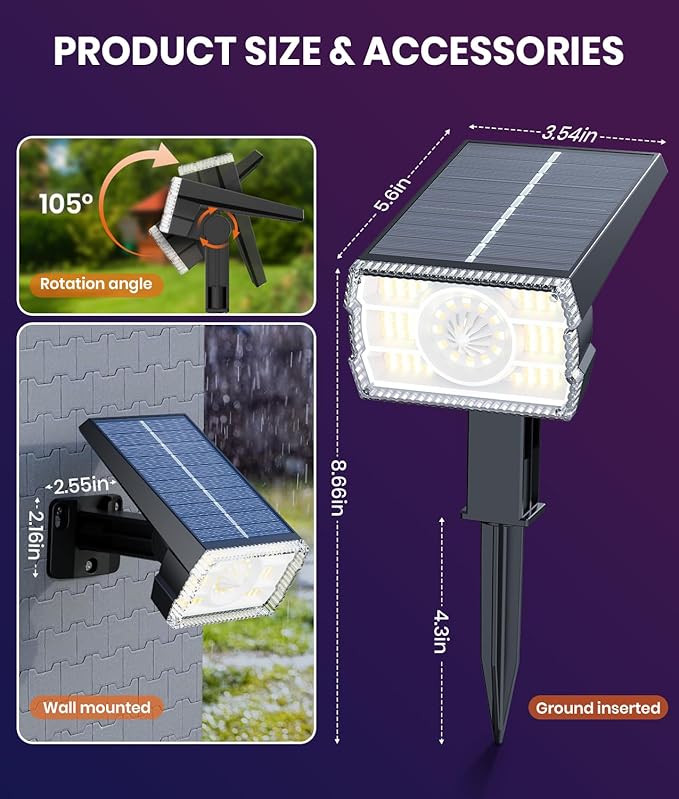 Solar Spot Lights Outdoor 2-Pack Multicolor IP65 Waterproof RGB - 6 Colors, 2 Modes, 105° Adjustable 58 LED Flood Lights, Solar Powered Spotlights for Yard, Garden, House & Landscape Lighting Outside-Ruum Studio Home