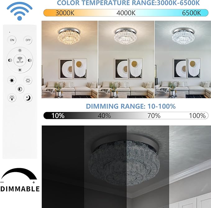 11.8" LED Chandelier 2-Layer Crystal Ceiling Light Fixture with Remote Control Flush Mount Chandelier Light for Hallway Bedroom Living Room Kitchen Foyer(dimmable)-Ruum Studio Home