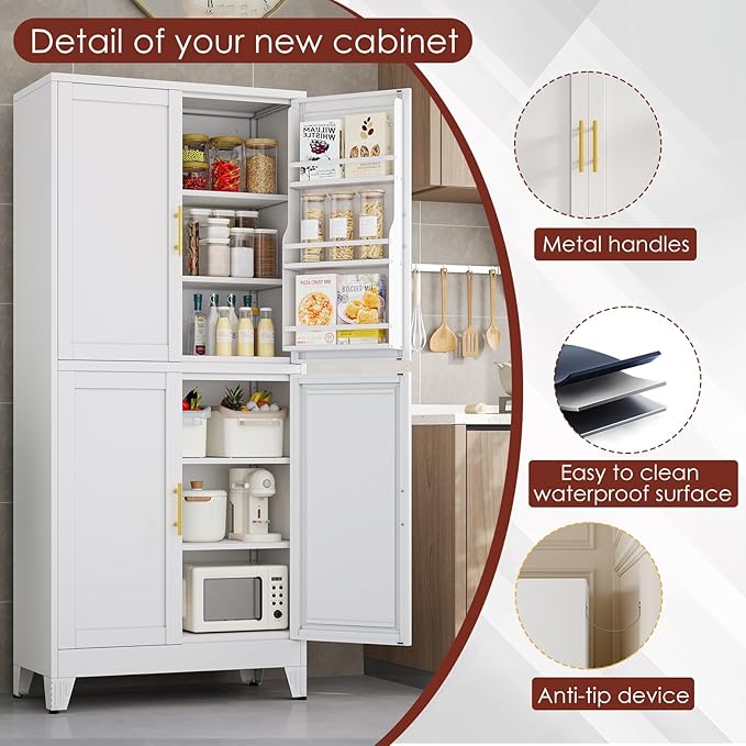 75" H Metal Storage Cabinet, Pantry with 6 Door Shelves and 4 Adjustable Shelves, Leveling Foot for Kitchen, Living Room and Dinning Room, White-Ruum Studio Home