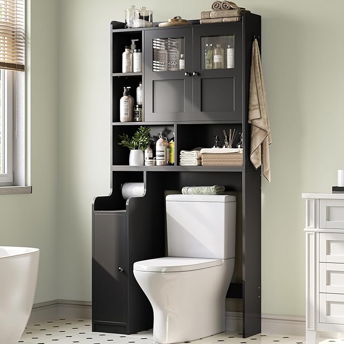 Itaar Over The Toilet Storage Cabinet, Over Toilet Bathroom Organizer with Glass Doors & Toilet Paper Holder Stand, Home Space-Saving Toilet Rack, for Bathroom, Restroom, Laundry(Black)-Ruum Studio Home