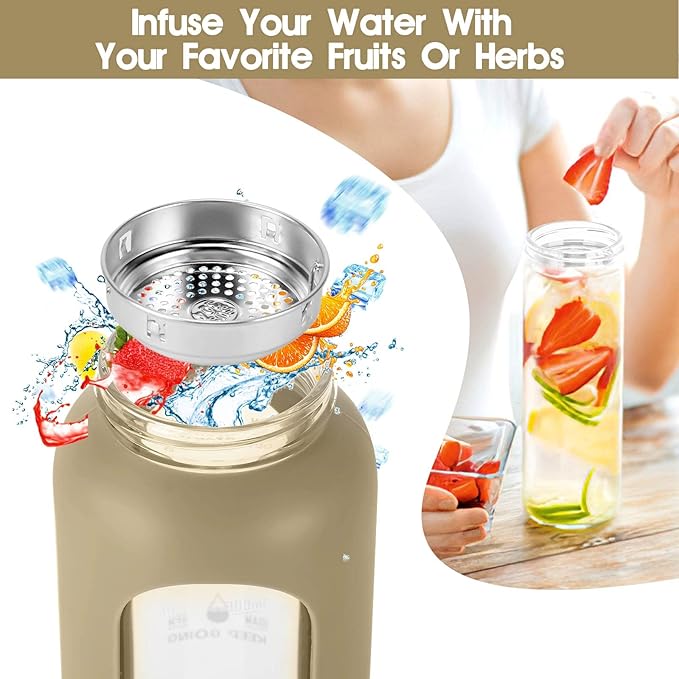 32 oz Glass Water Bottle with Straw - Motivational Time Marker & Silicone Sleeve - Reusable Tumbler Includes 2 Bamboo Lids & Fruit Infuser - 1 Pack-Ruum Studio Home