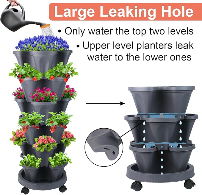 Vertical Planter 6 Tier Stackable Planters Garden Planters Strawberry Herb Flower and Vegetable Planter Indoor Outdoor Gardening Pots with Removable Wheels and Tools-Ruum Studio Home