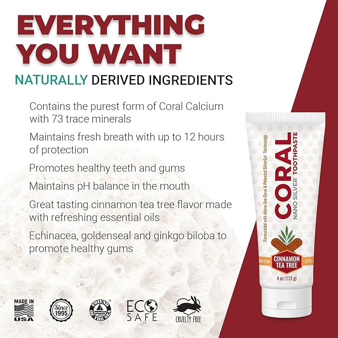 Coral Nano Silver Cinnamon Tea Tree Toothpaste, Natural Fluoride Free Teeth Whitening Toothpaste, Coral Calcium Nano Silver Infused SLS Free 4 Ounce-Ruum Studio Home