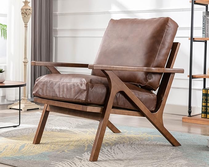 HNY Mid Century Arm Chair, Retro Accent Armchair with Wood Frames & Faux Leather Upholstered Removable Cushions, Leisure Reading Chair Slipper Chair for Living Room Bedroom, Brown-Ruum Studio Home