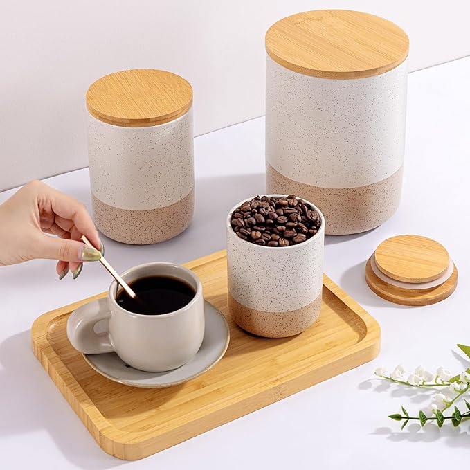 Yangbaga Canisters Sets for Kitchen Countertop-Set of 4 Ceramic Kitchen Canisters Food Storage Jar with Airtight Wood Lids & Spoons & Label,Large Flour and Sugar Containers for Serving Ground Coffee-Ruum Studio Home
