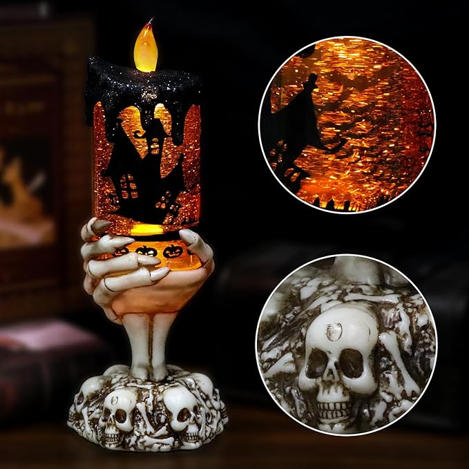 Eldnacele Halloween Snow Globe Candles Lighted Lamp USB Powered Battery Operated Spooky Spinning Water Glittering Tornado Flameless Candles Skeleton Hand Holder Halloween Centerpiece Decor(Castle)-Ruum Studio Home