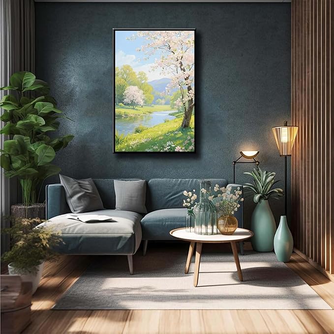The scenery of a stream between trees and cherry blossoms under the blue sky is suitable for posting in the living room bedroom office landscape posters-Ruum Studio Home